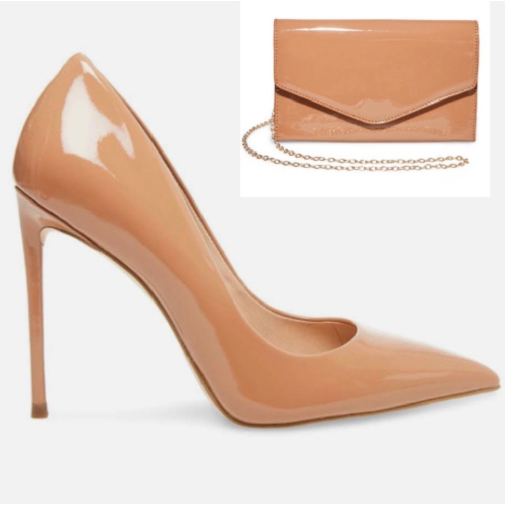 STEVE MADDEN: VALA CAMEL PATENT PUMPS & HAND BAG